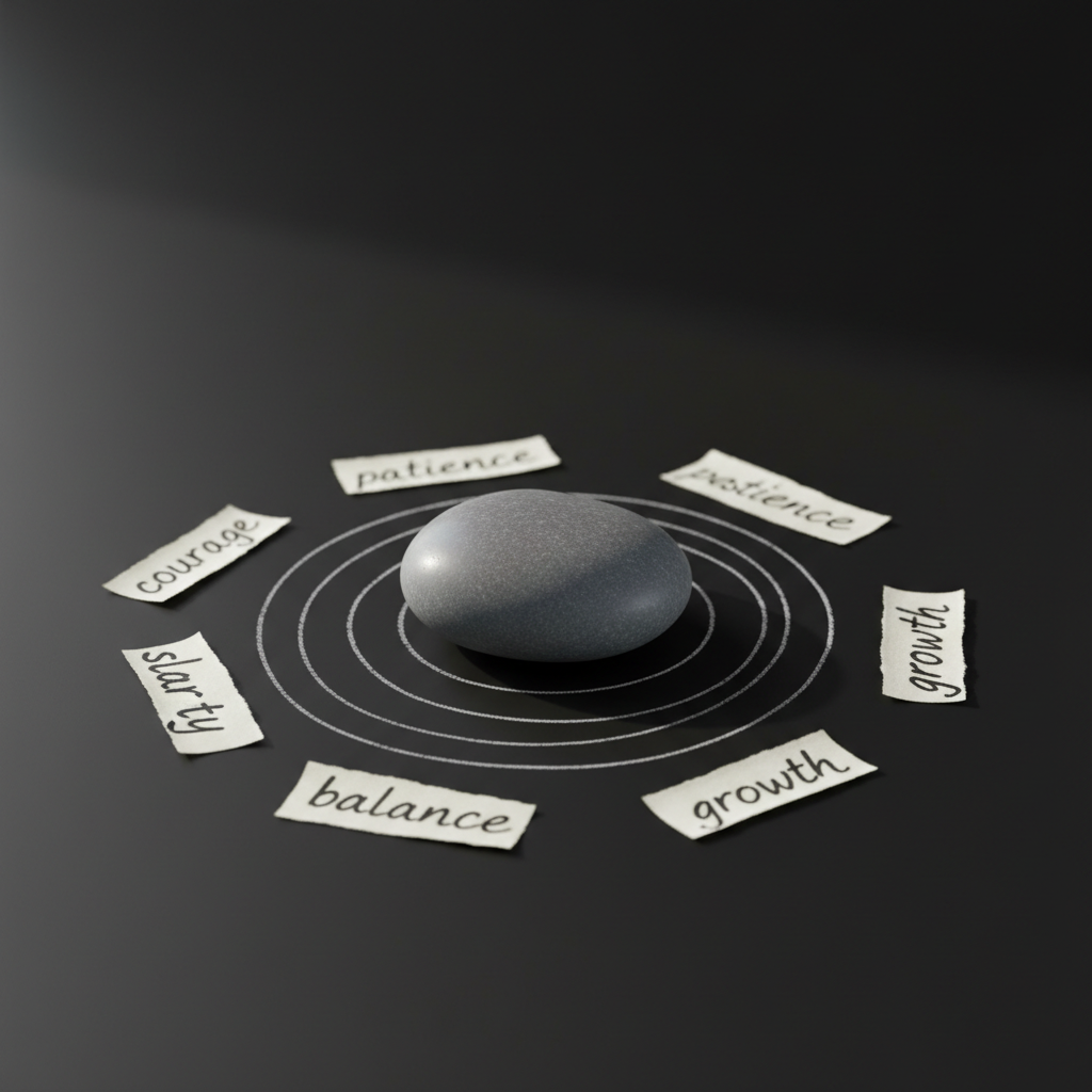 A solitary, polished river stone in muted slate gray sits centered on a smooth, matte-black surface, a delicate ring of chalk-drawn concentric circles radiating outward. Around it, scattered neatly, are small handwritten notes on ivory paper, each bearing a single profound word in elegant ink—courage, patience, clarity—slightly out of focus. Soft, diffused daylight from the left creates gentle highlights along the stone’s rounded edges and subtle shadows behind the notes. The background melts into a velvety dark gradient, enhancing the minimalist, photographic realism. Captured from a slightly elevated angle with the stone placed on the rule of thirds line, the atmosphere is serene, introspective, and sophisticated, symbolizing the centered self amid the gentle turbulence of life’s concepts.